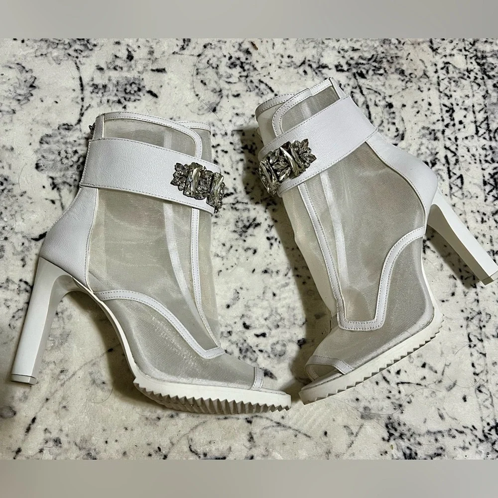 Women’s Karl Lagerfeld Blayze Mesh Peep Toe Heel Booties -White 8.5  (w/flaws)